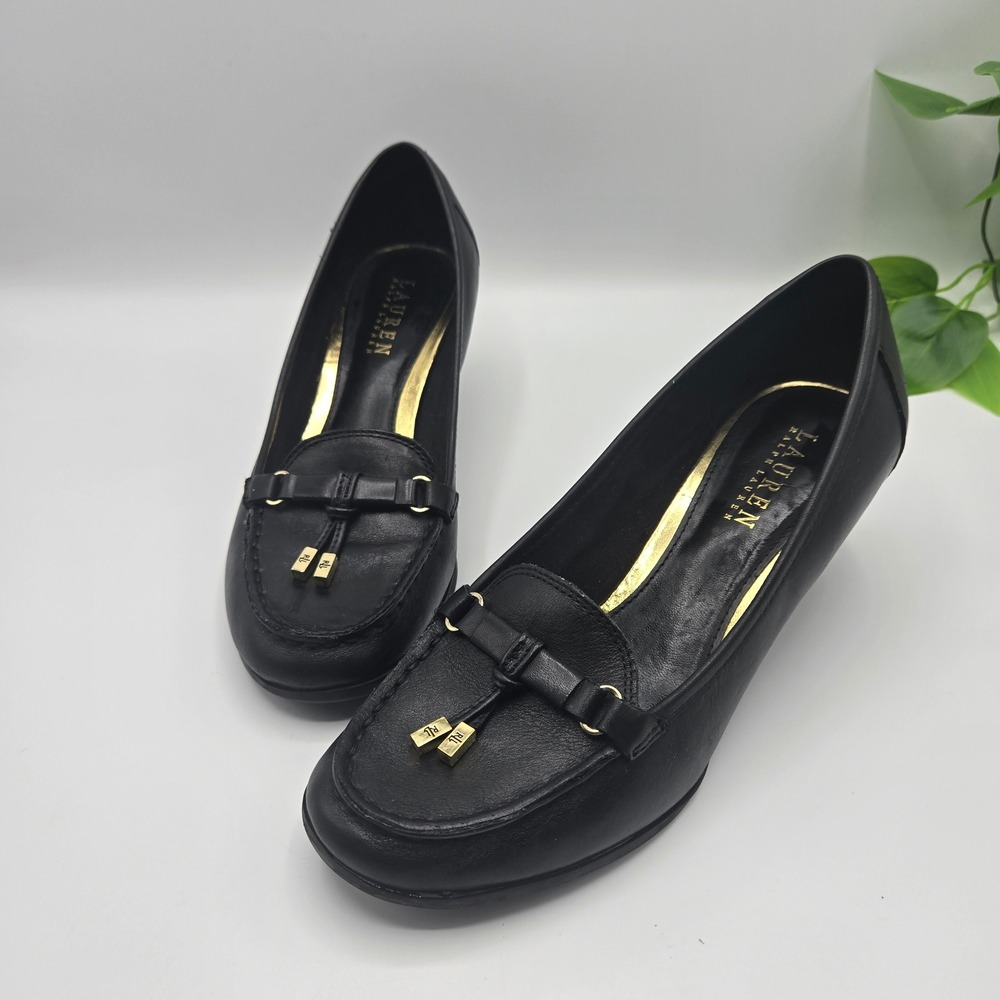 Lauren Ralph Lauren Wedge Pumps Black Leather Tassel Loafer SZ 8B